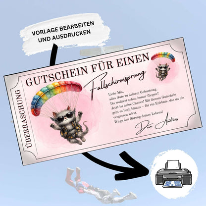 Digitaler Erlebnisgutschein Fallschirmsprung lustig mit zwei Cartoon-Katzen und Regenbogenschirm

