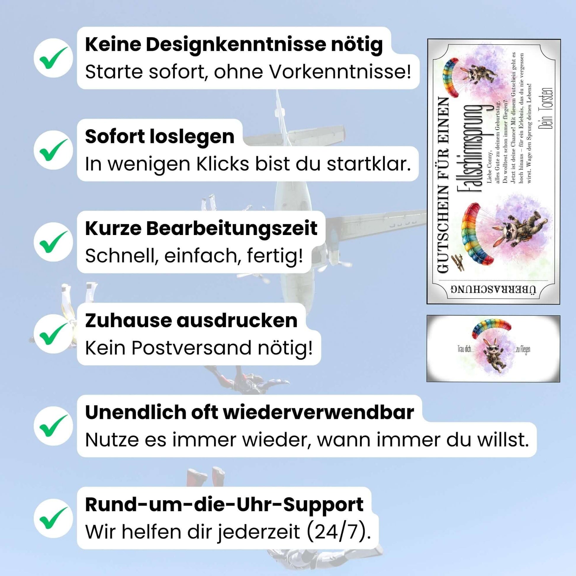 Lustiger Skydiving Gutschein mit springendem Hasen auf pastellfarbenem Lila-Grün-Hintergrund