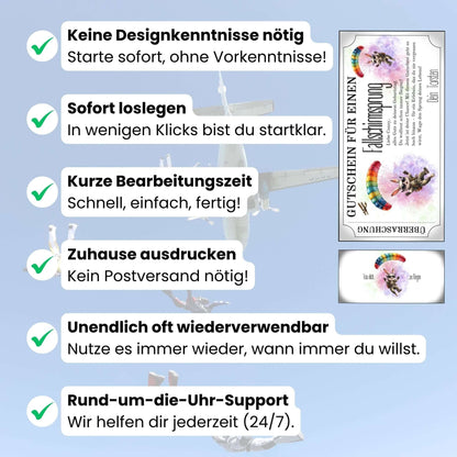 Lustiger Skydiving Gutschein mit springendem Hasen auf pastellfarbenem Lila-Grün-Hintergrund
