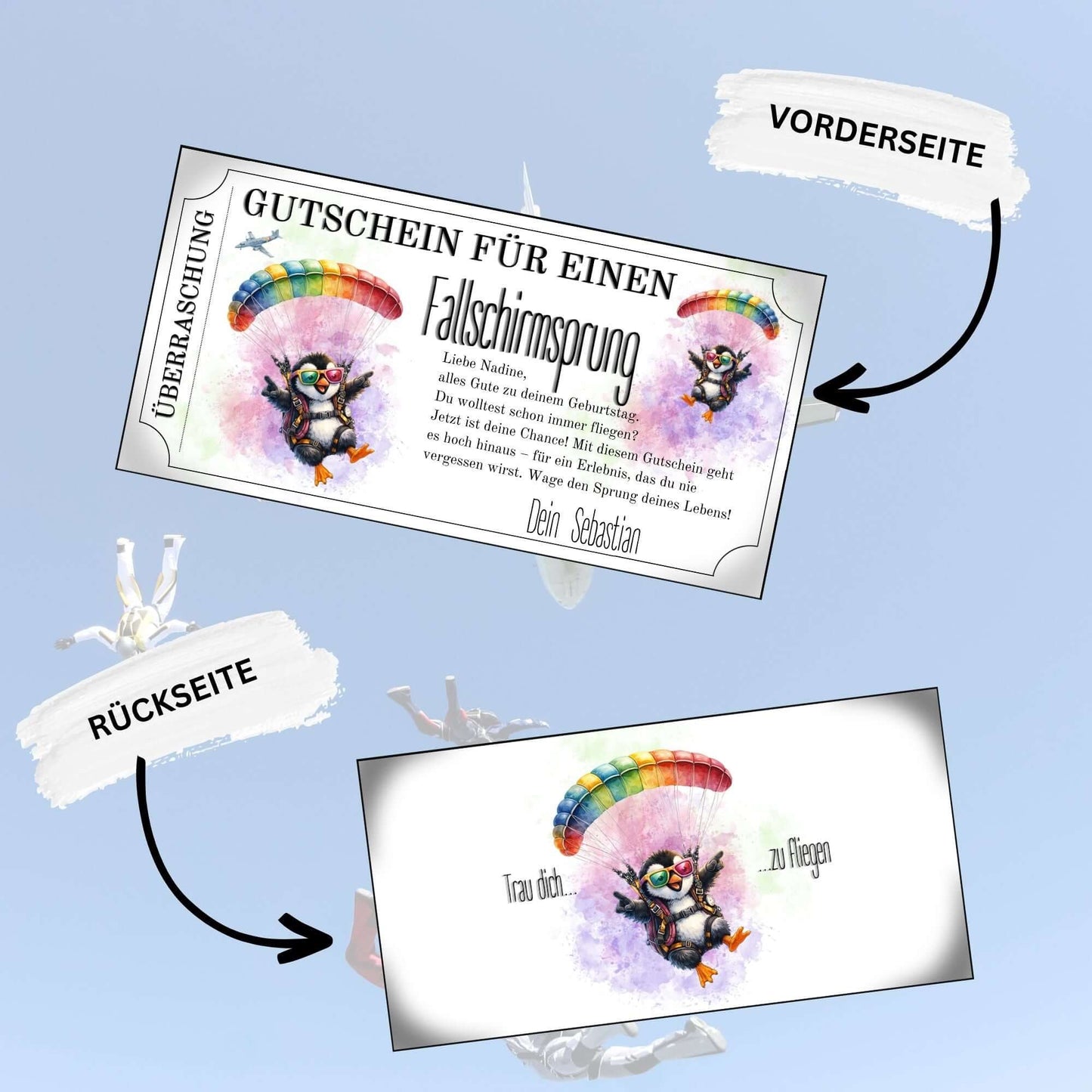 Personalisierter Fallschirmspringen Gutschein mit humorvollem Pinguin-Motiv zum Ausdrucken
