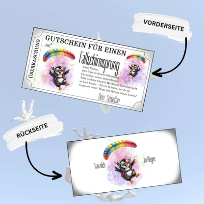 Personalisierter Fallschirmspringen Gutschein mit humorvollem Pinguin-Motiv zum Ausdrucken
