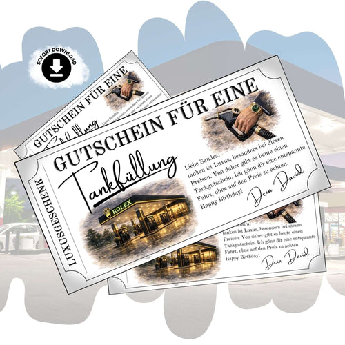 Luxus Tankgutschein in edlem Design für eine Tankfüllung mit Rolex-Motiv, personalisierbar und einzigartig.
