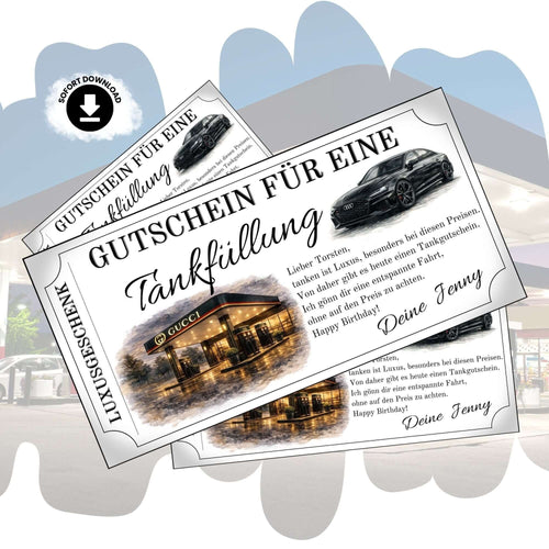 Tankgutschein Gucci & Audi – Druckbares Luxusgeschenk für Männer, zeigt Tankgutscheine in hochwertigem Design.