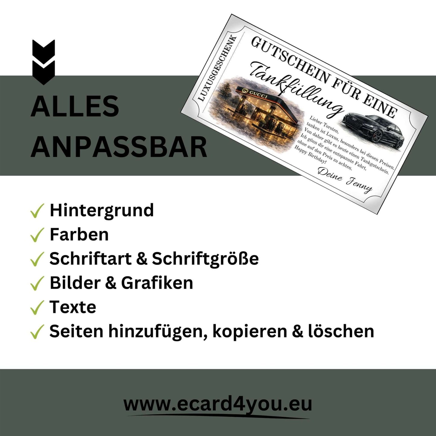 Tankgutschein für eine Tankfüllung, anpassbar mit Hintergrund, Farben, Schriftart, Bildern und Texten.