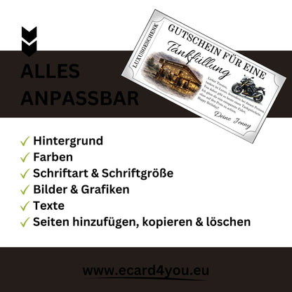 Tankgutschein für eine Tankfüllung mit Anpassungsoptionen für Hintergrund, Farben und Texte.