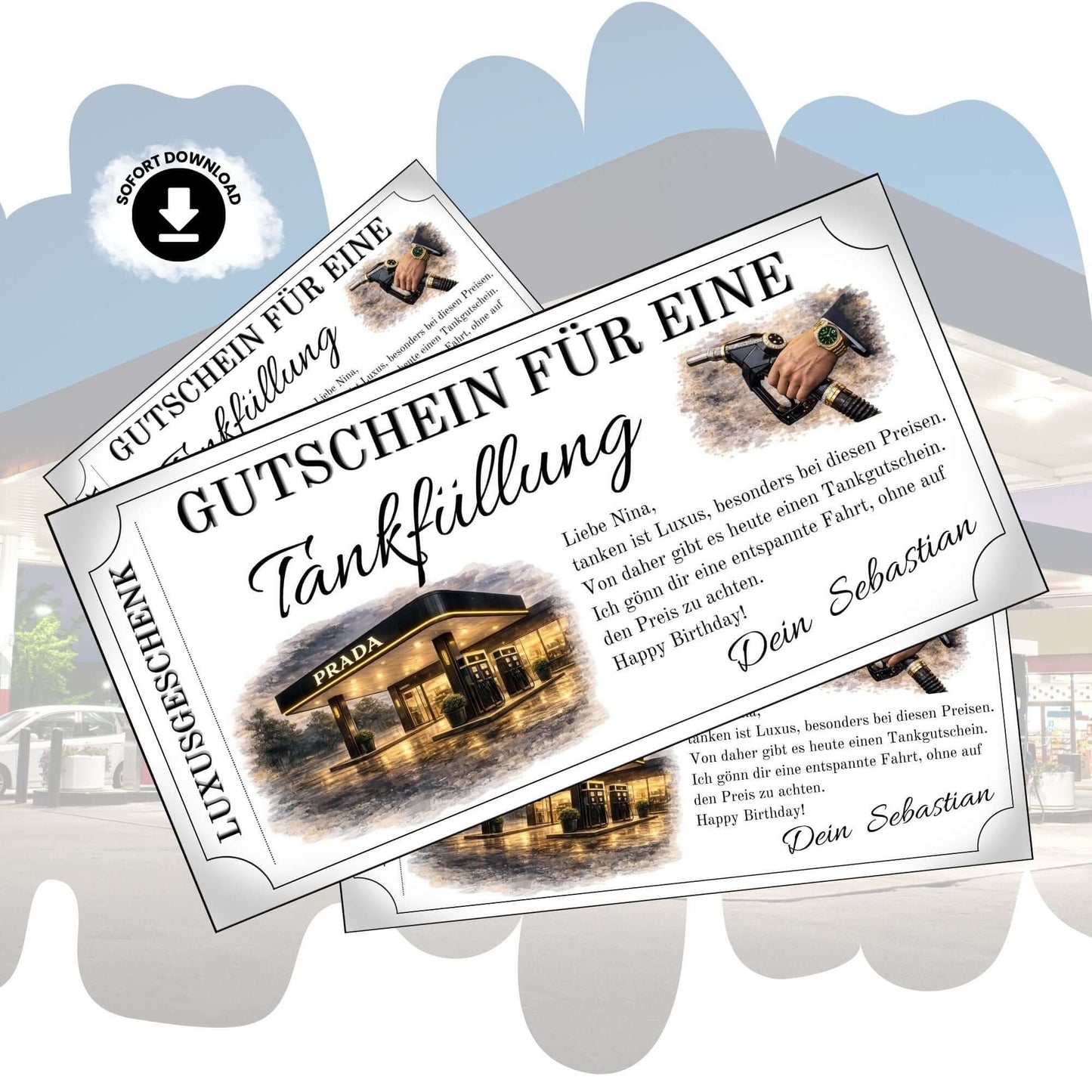 Tankgutschein für eine Luxus-Tankfüllung mit Prada, stilvoll und elegant gestaltet.