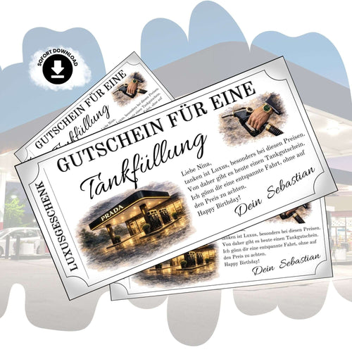 Tankgutschein für eine Luxus-Tankfüllung mit Prada, stilvoll und elegant gestaltet.