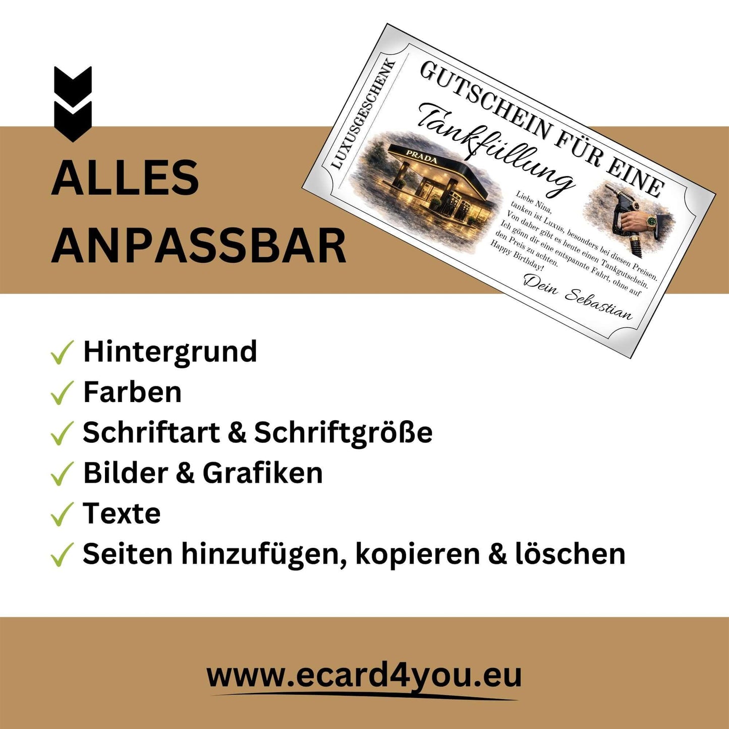 Tankgutschein Luxusgeschenk mit anpassbaren Optionen für Farben, Schriftarten und Texte.