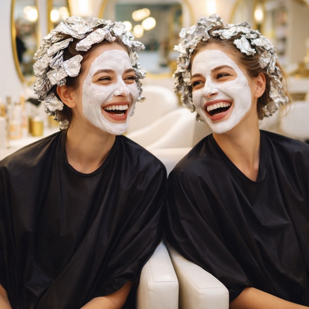 Zwei Frauen beim Mädelstag im Friseursalon mit Gesichtsmasken und Haarbehandlung – Lifestyle Gutschein Idee für Freundinnen
