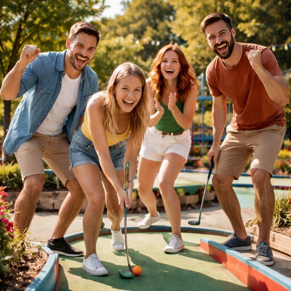 Freundesgruppe spielt lachend Minigolf im Freien – Freizeitgutschein Geschenk für jeden Anlass