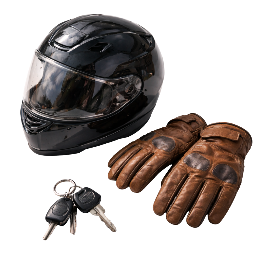 Motorradhelm, Lederhandschuhe und Schlüssel als Stillleben – Motorradhelm Gutschein verschenken Vorlage