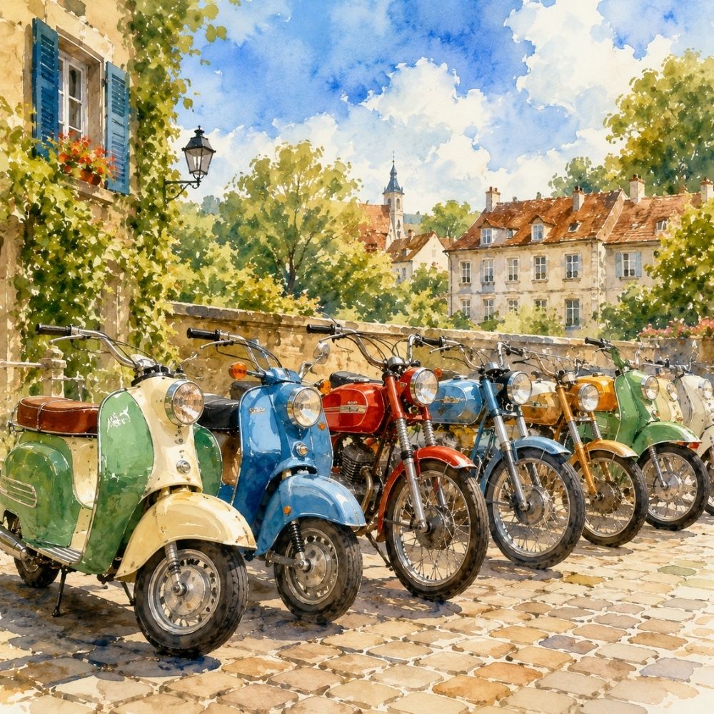 AM Führerschein Gutschein – bunte Vintage-Mopeds und Roller auf gepflasterter europäischer Stadtstraße