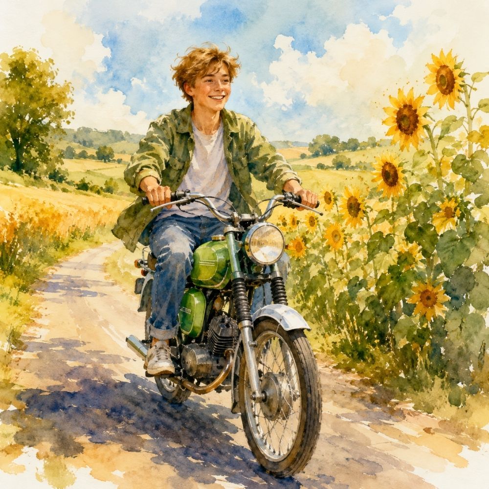 Mopedführerschein Gutschein Geschenkidee – junger Fahrer auf klassischer Simson S51 in sonniger Landschaft