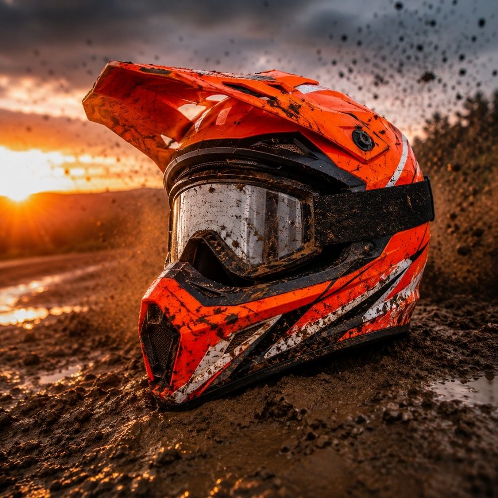 Motocross-Helm in Neon-Orange auf Offroad-Strecke – Motocross Helm Gutschein digital verschenken