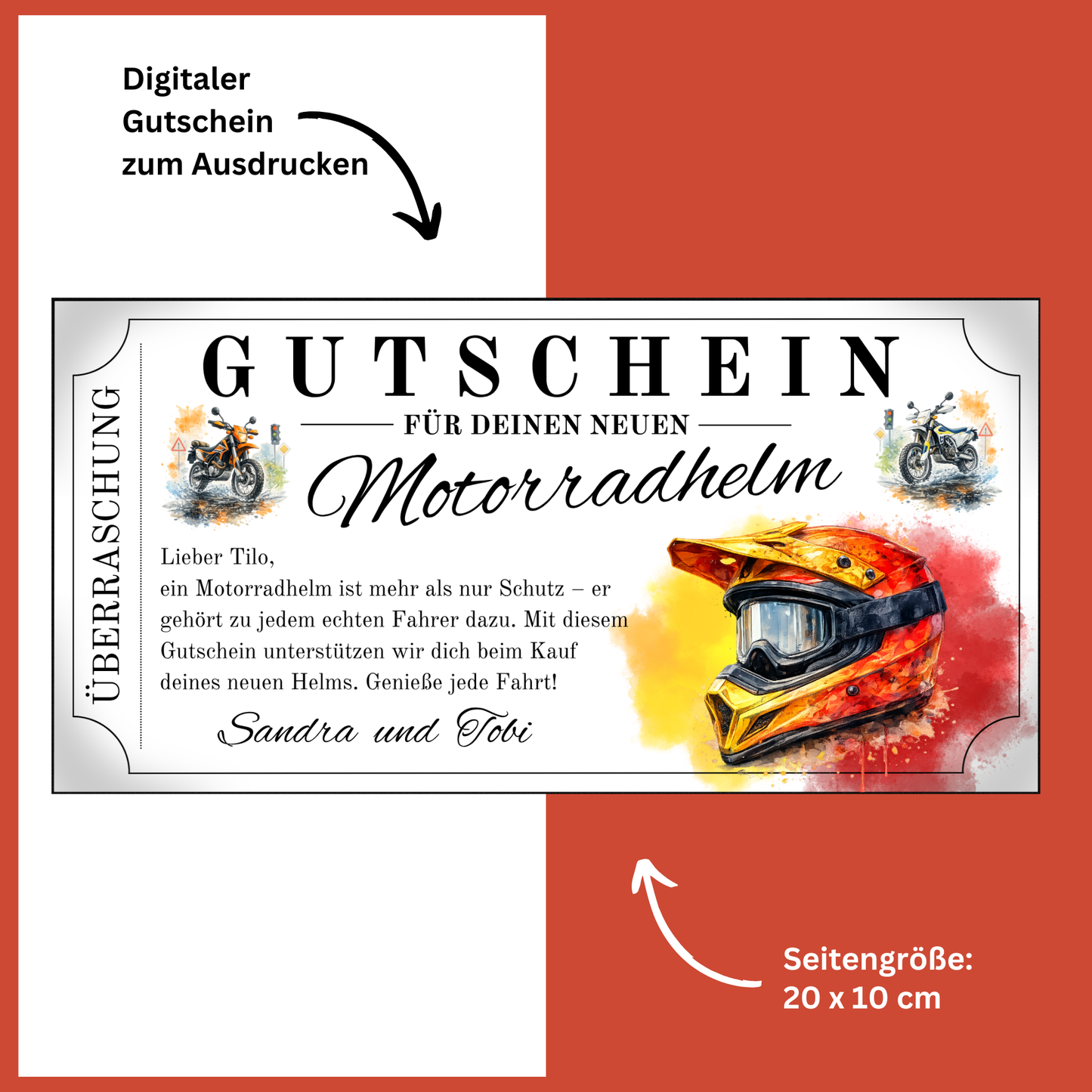 Motocross Helm Gutschein orange-gold digital zu Weihnachten sofort Download