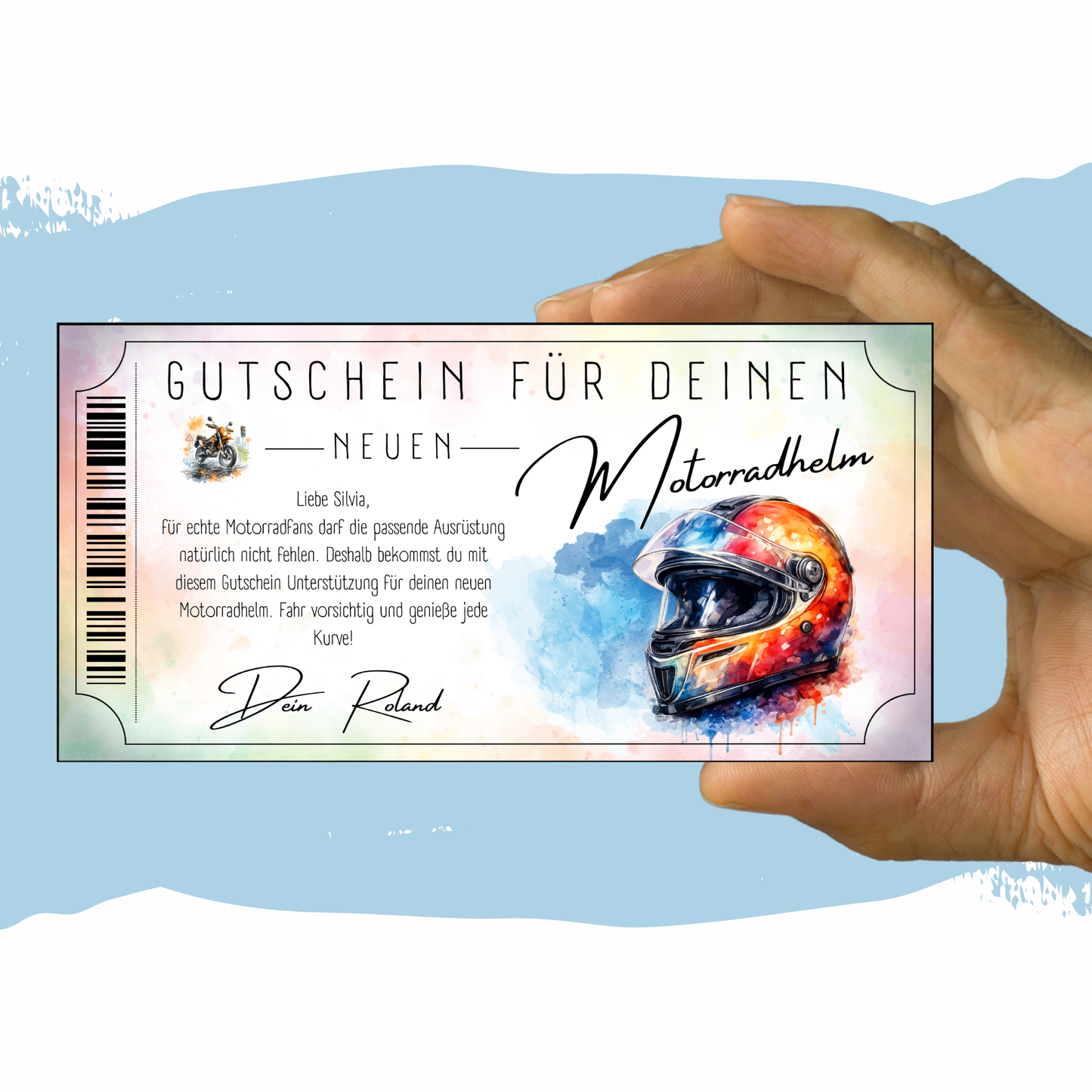Motorradhelm Gutschein digital Pastell-Design fuer Motorrad-Fans personalisierbar