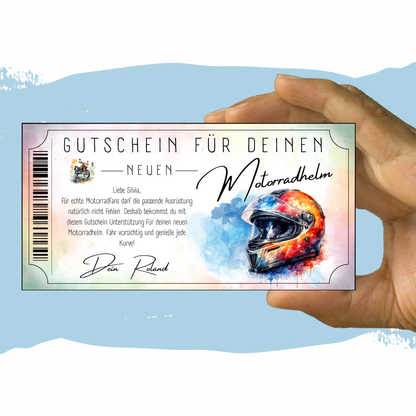 Motorradhelm Gutschein digital Pastell-Design fuer Motorrad-Fans personalisierbar