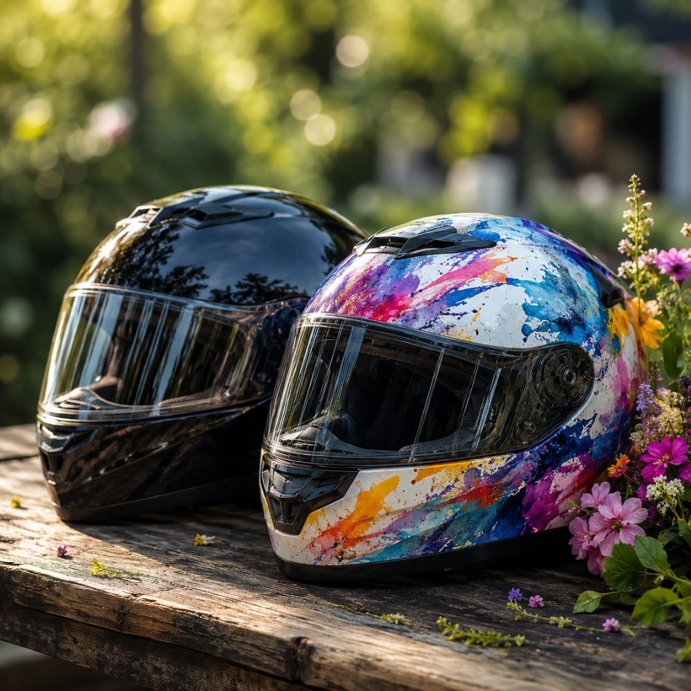 Zwei Motorradhelme auf Holztisch – Motorradhelm Gutschein digital personalisierbar gestalten 