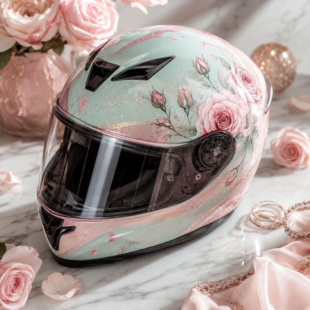 Pastellfarbener Motorradhelm mit Rosen auf Marmor – Motorradhelm Gutschein Damen personalisieren