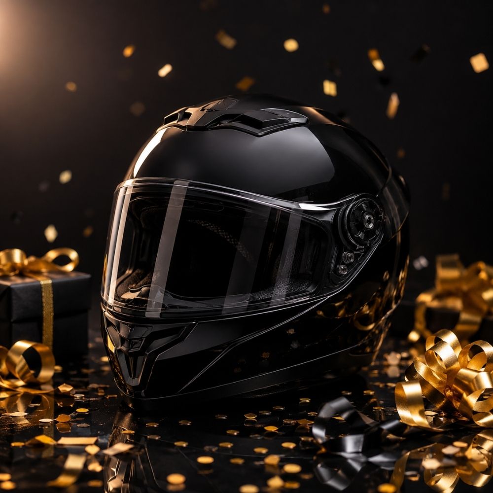 Schwarzer Motorradhelm mit Geschenkbändern und Konfetti als digitale Geschenkidee für Biker 