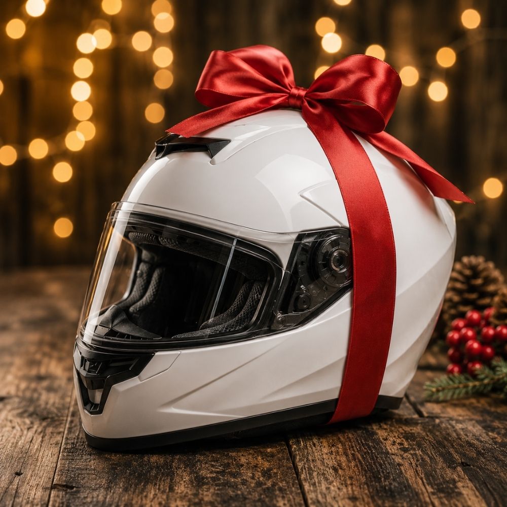 Weißer Motorradhelm mit roter Schleife – Motorradhelm Gutschein Geburtstag verschenken 