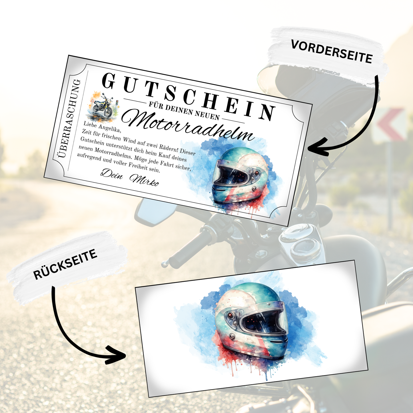 Motorradhelm Gutschein Freiheits-Design mit Motorrad-Illustration für Biker