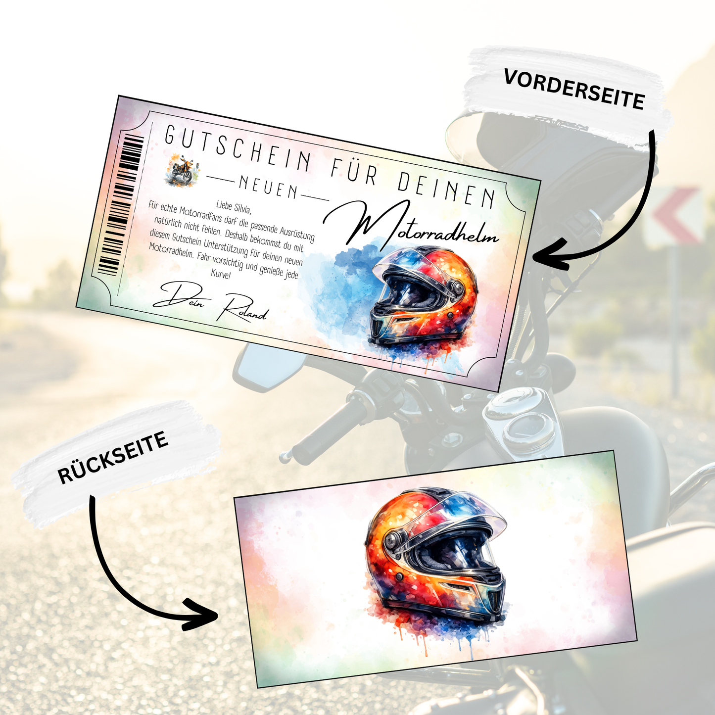 Motorradhelm Gutschein digital ausdrucken personalisiert mit individuellem Text