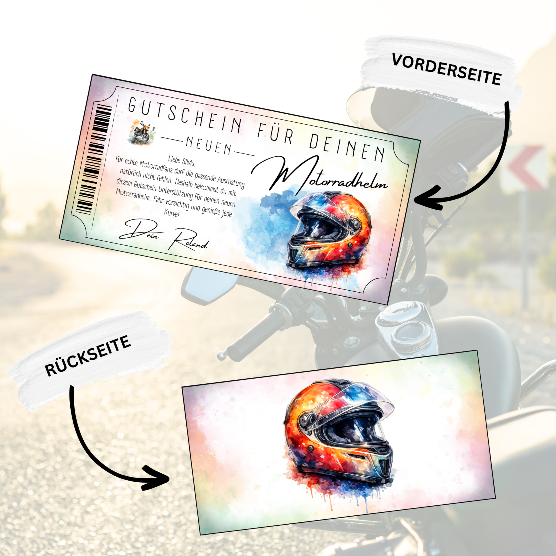 Motorradhelm Gutschein digital ausdrucken personalisiert mit individuellem Text