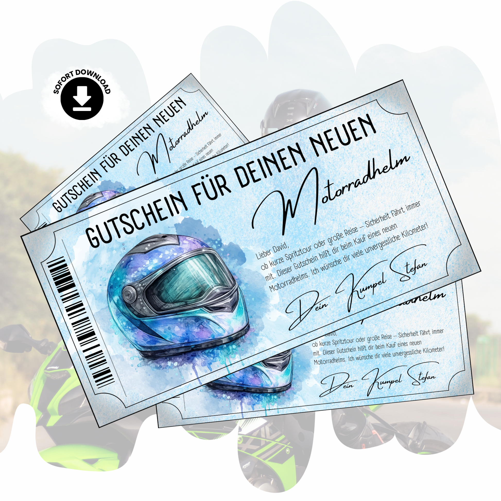 Motorradhelm Gutschein blau-violetter Aquarell-Helm Glitzer digital personalisierbar