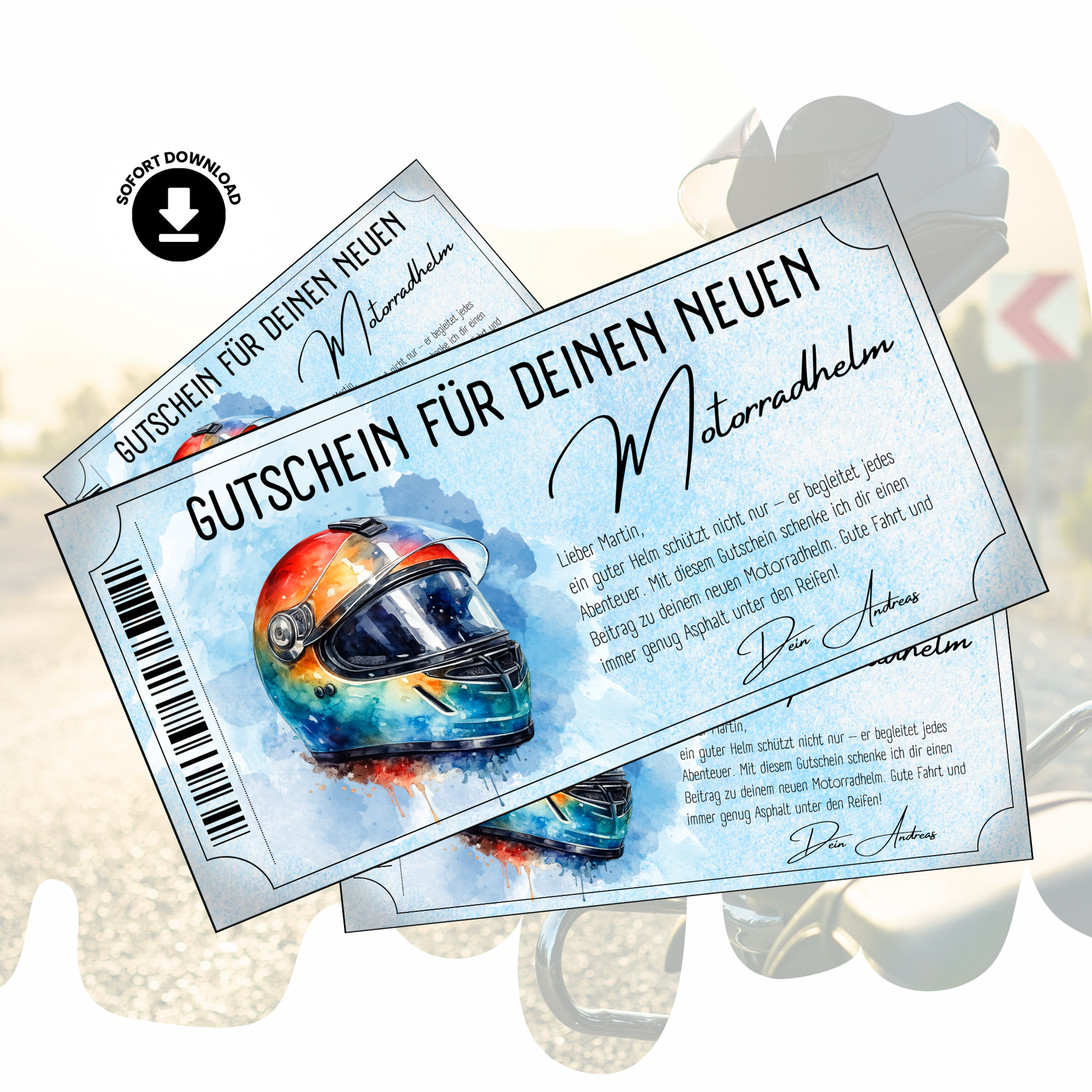 Motorradhelm Gutschein bunt digital mit Regenbogen-Aquarell-Helm personalisierbar