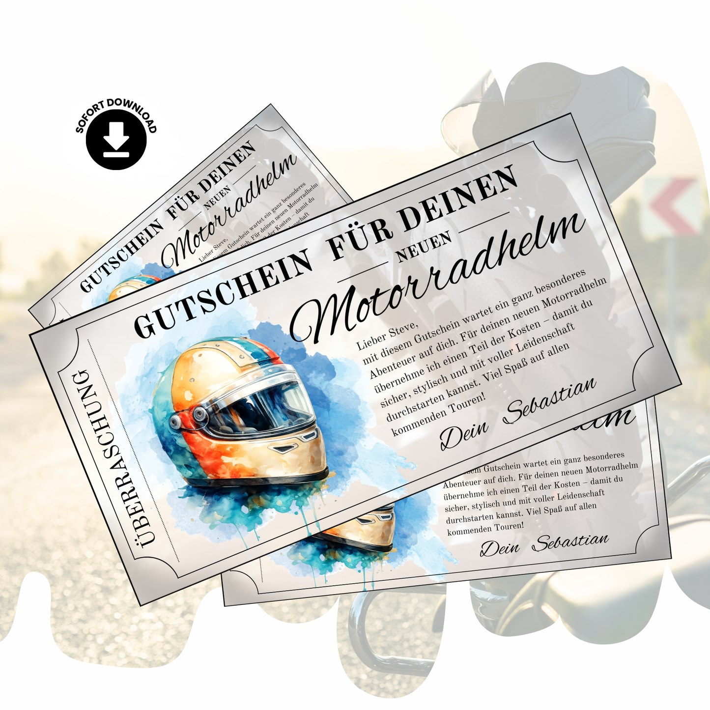 Digitaler Motorradhelm Gutschein mit Aquarell-Design zum selbst personalisieren