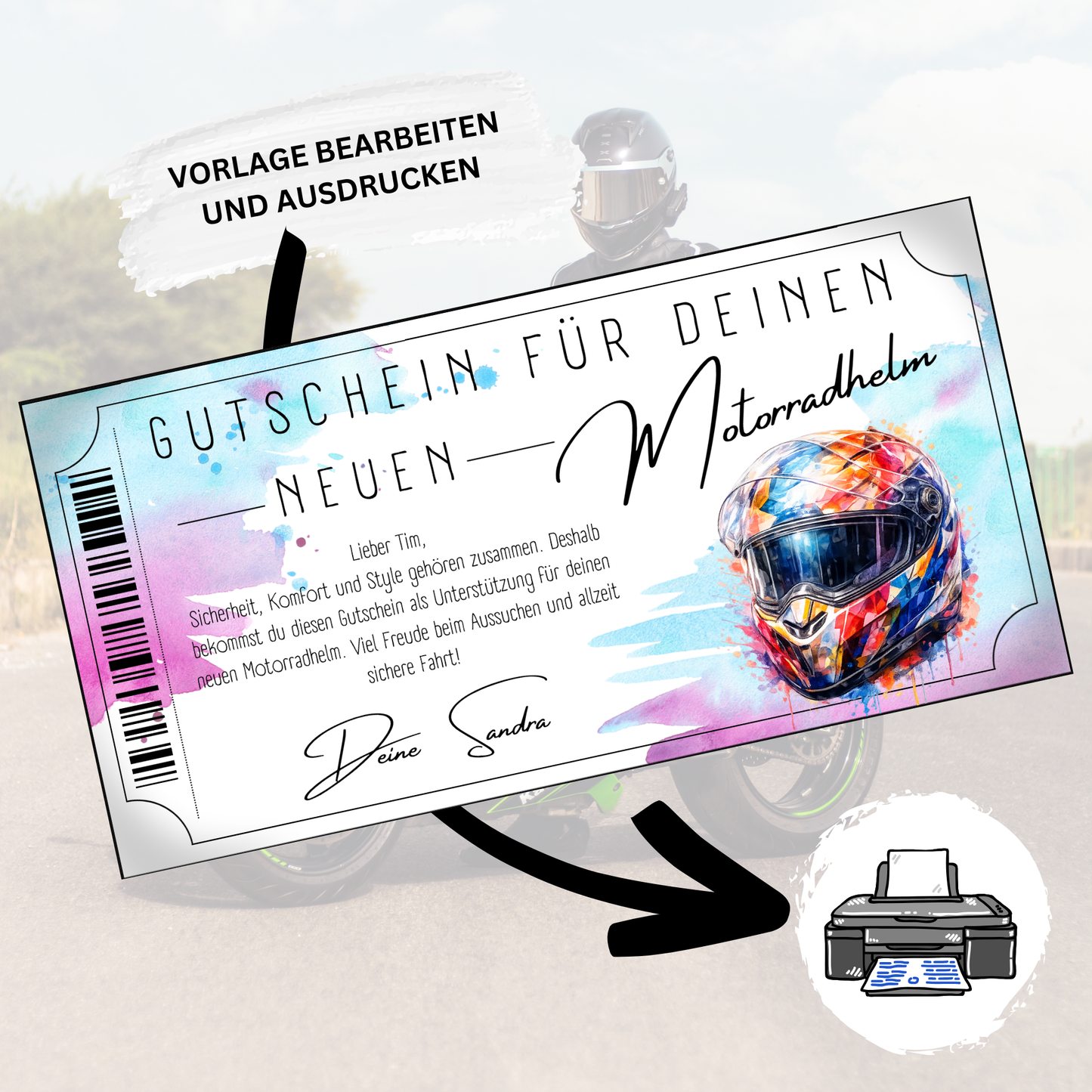 Motorradhelm Gutschein Damen Lifestyle-Design digital personalisierbar ausdrucken
