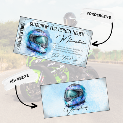 Motorradhelm Gutschein Frost-Hintergrund hellblau mit leuchtendem Integralhelm digital