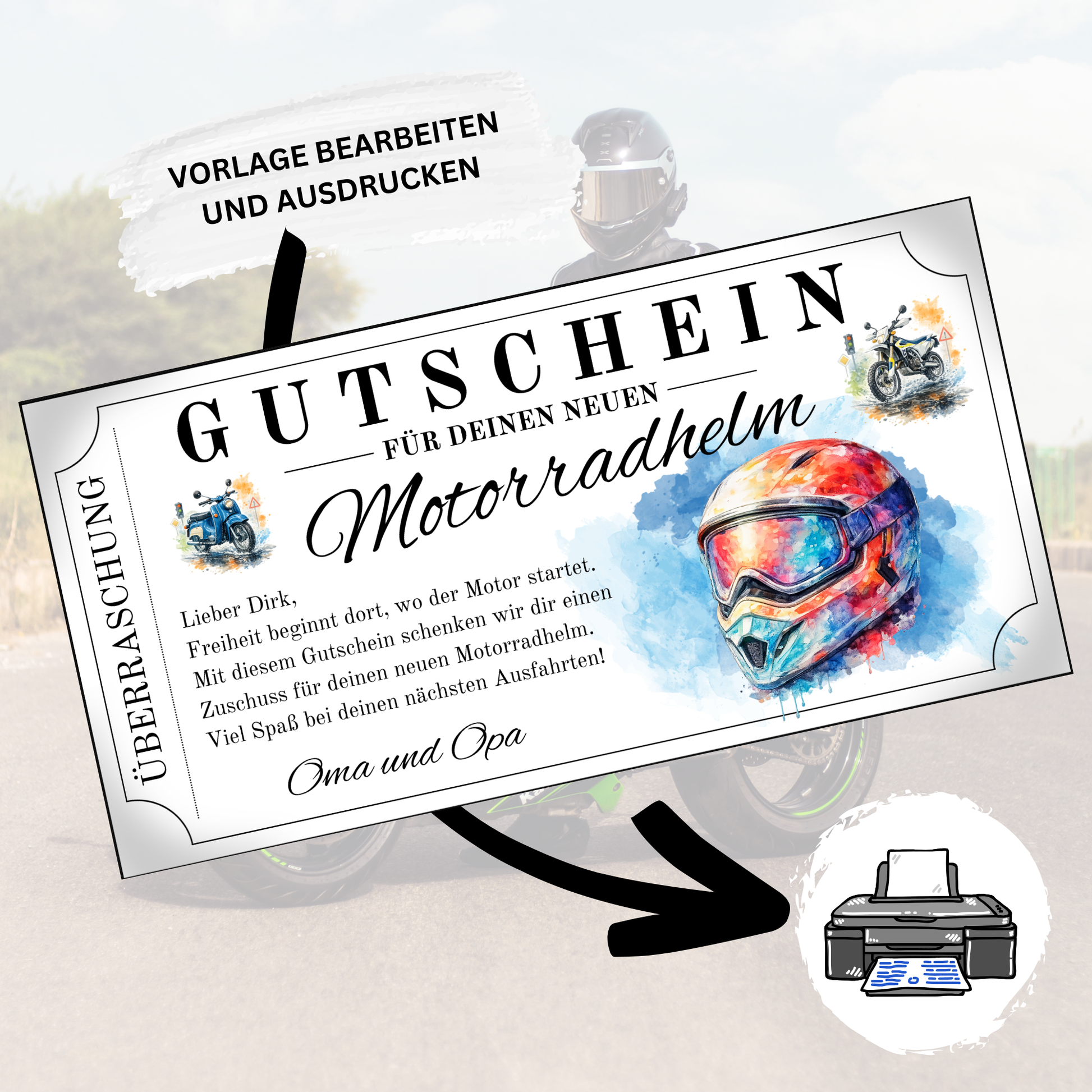 Motorradhelm Gutschein digital als Geburtstagsgeschenk fuer Biker und Motorrad-Fans