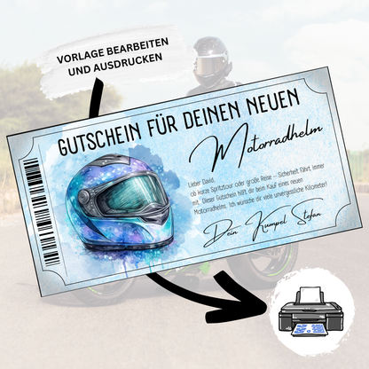Motorradhelm Gutschein blau digital als Geburtstagsgeschenk fuer Motorrad-Fans