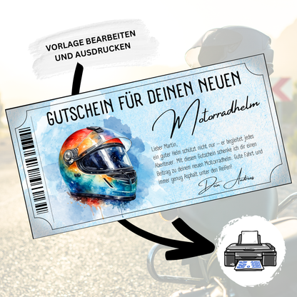 Motorradhelm Gutschein bunt als Geburtstagsgeschenk fuer Biker sofort Download