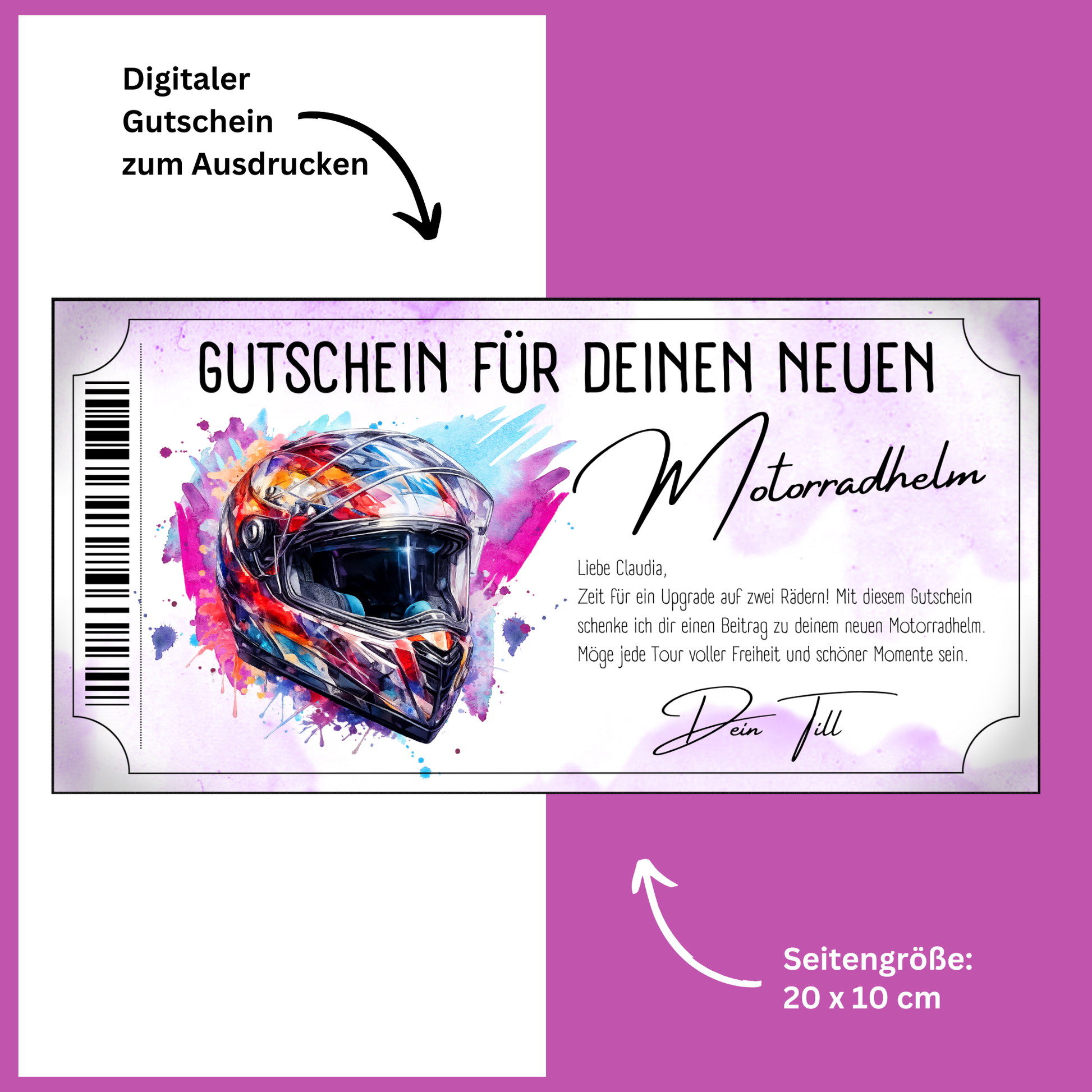 Motorradhelm Gutschein bunt Graffiti als Geburtstagsgeschenk fuer Frauen und Biker
