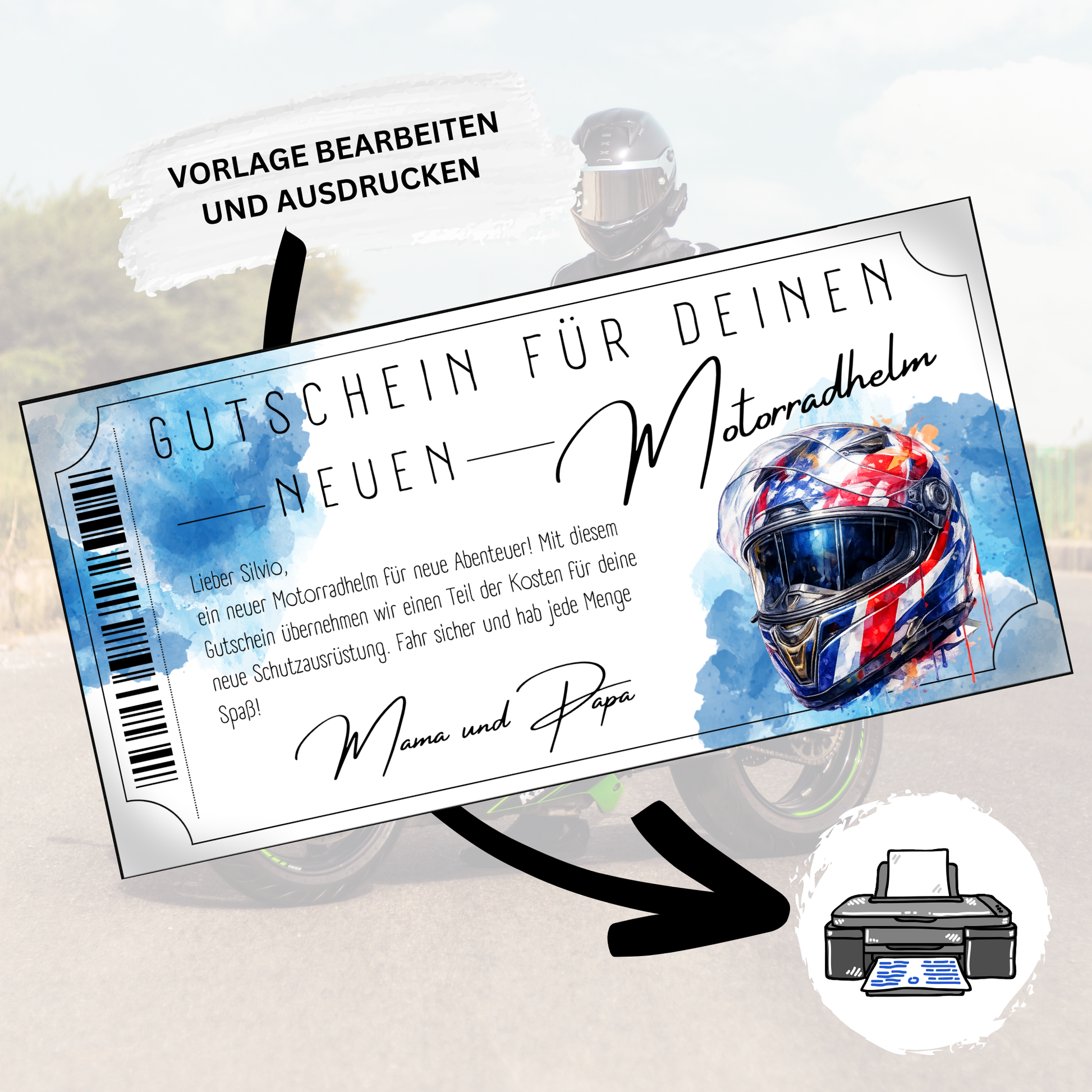 Motorradhelm Gutschein Racing-Design digital als Geburtstagsgeschenk fuer Biker