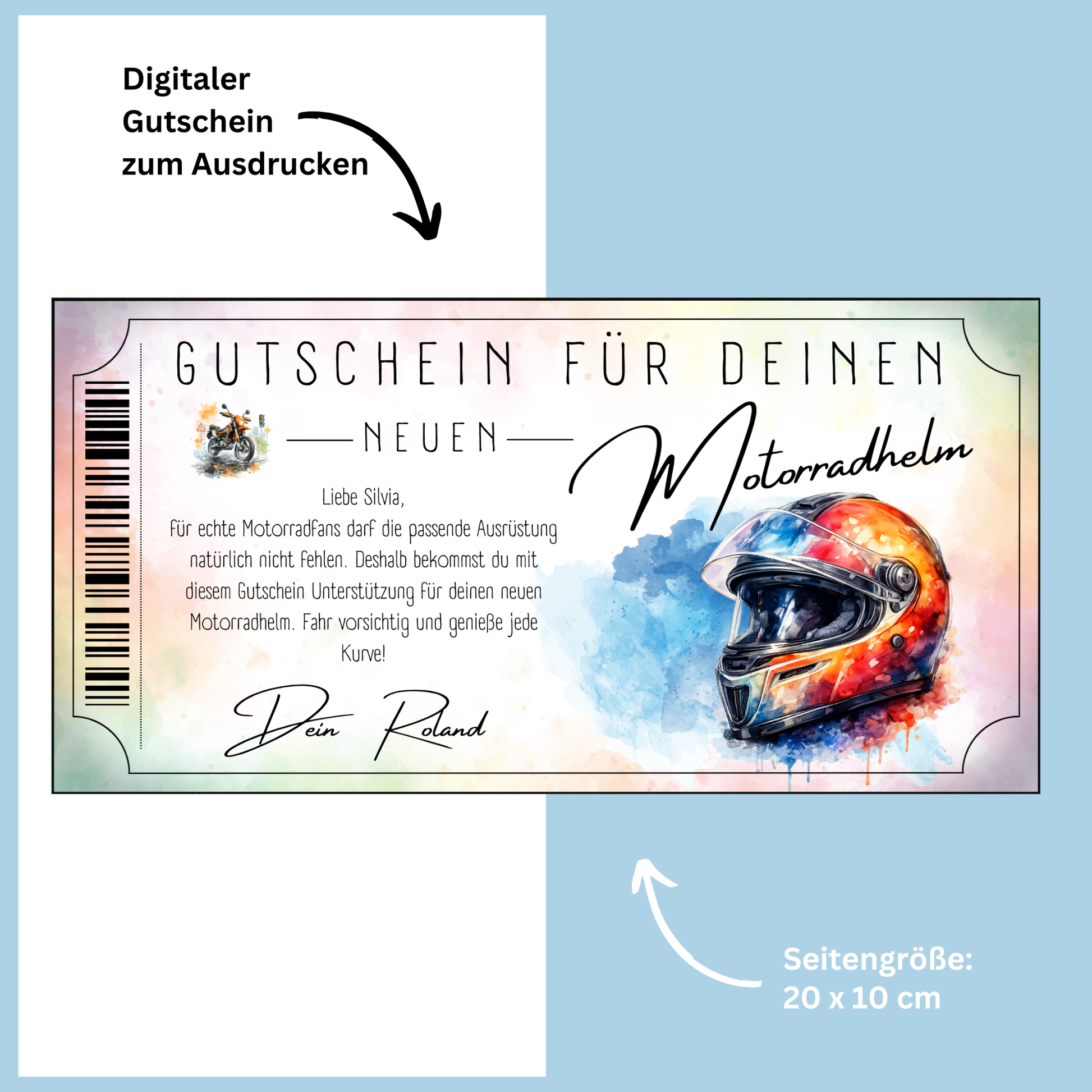 Motorradhelm Gutschein warmes Pastell-Design als Geburtstagsgeschenk fuer Biker