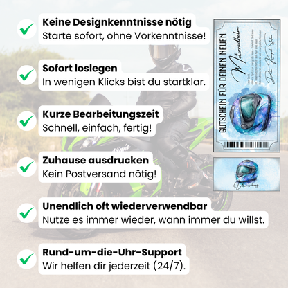 Motorradhelm Gutschein Glitzer-Aquarell-Helm in Blau und Violett sofort Download