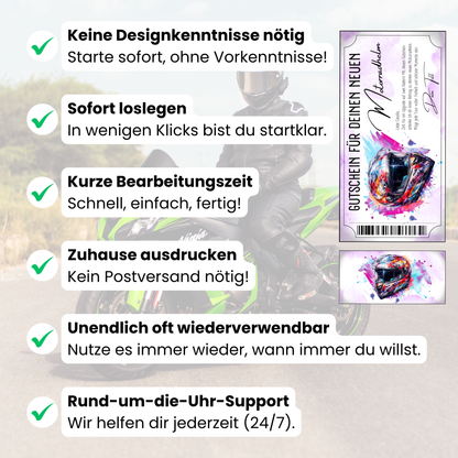 Motorradhelm Gutschein Lavendel-Hintergrund bunter Aquarell-Splash digital sofort Download