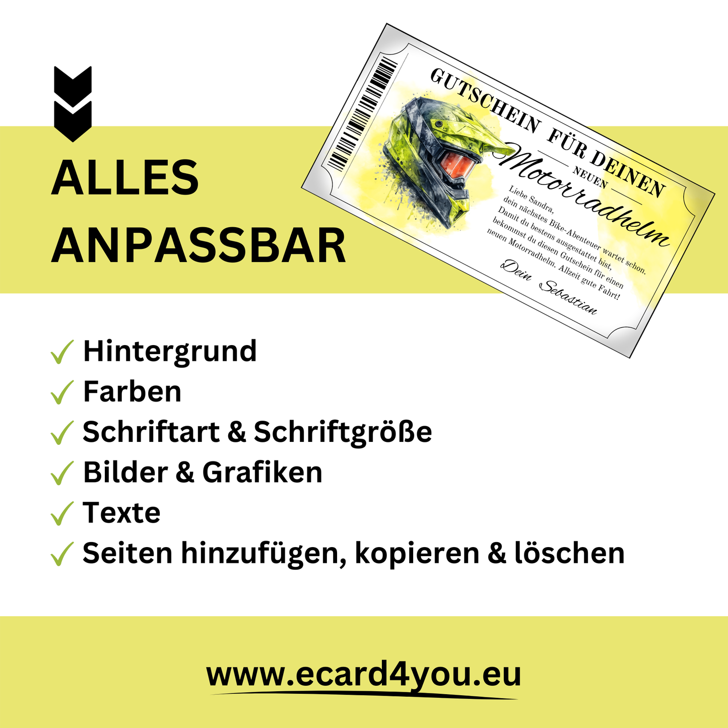 MX Helm Gutschein Neon-Gelb Biker Geschenk digital personalisierbar ausdrucken