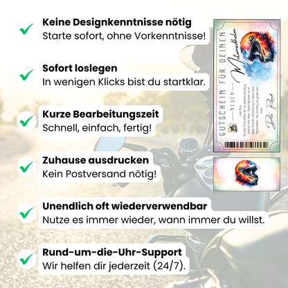 Motorradhelm Gutschein auf zartem Pastell-Hintergrund mit leuchtendem Aquarell-Helm