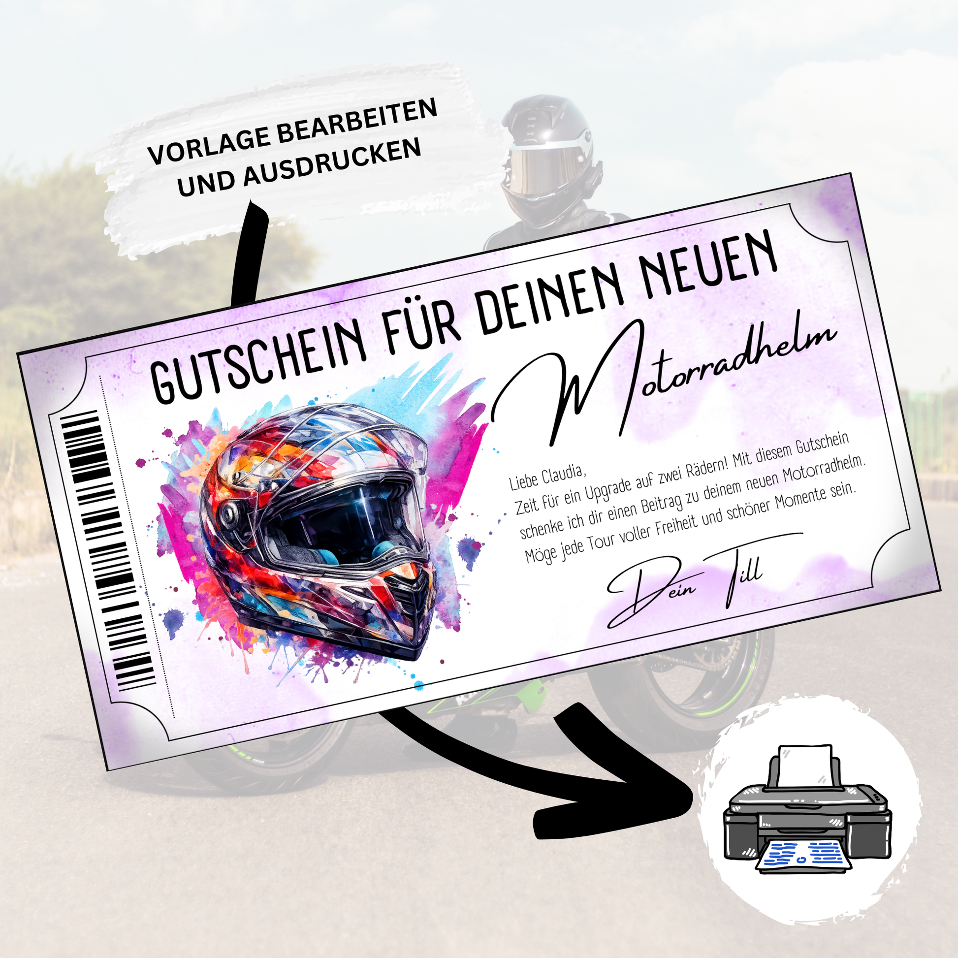 Motorradhelm Gutschein pink-magenta Aquarell-Splash Graffiti-Helm digital personalisierbar