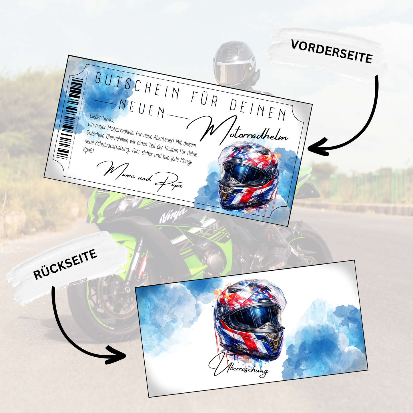 Motorradhelm Gutschein Racing-Streifen Aquarell blauer Splash digital personalisieren
