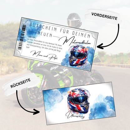 Motorradhelm Gutschein Racing-Streifen Aquarell blauer Splash digital personalisieren