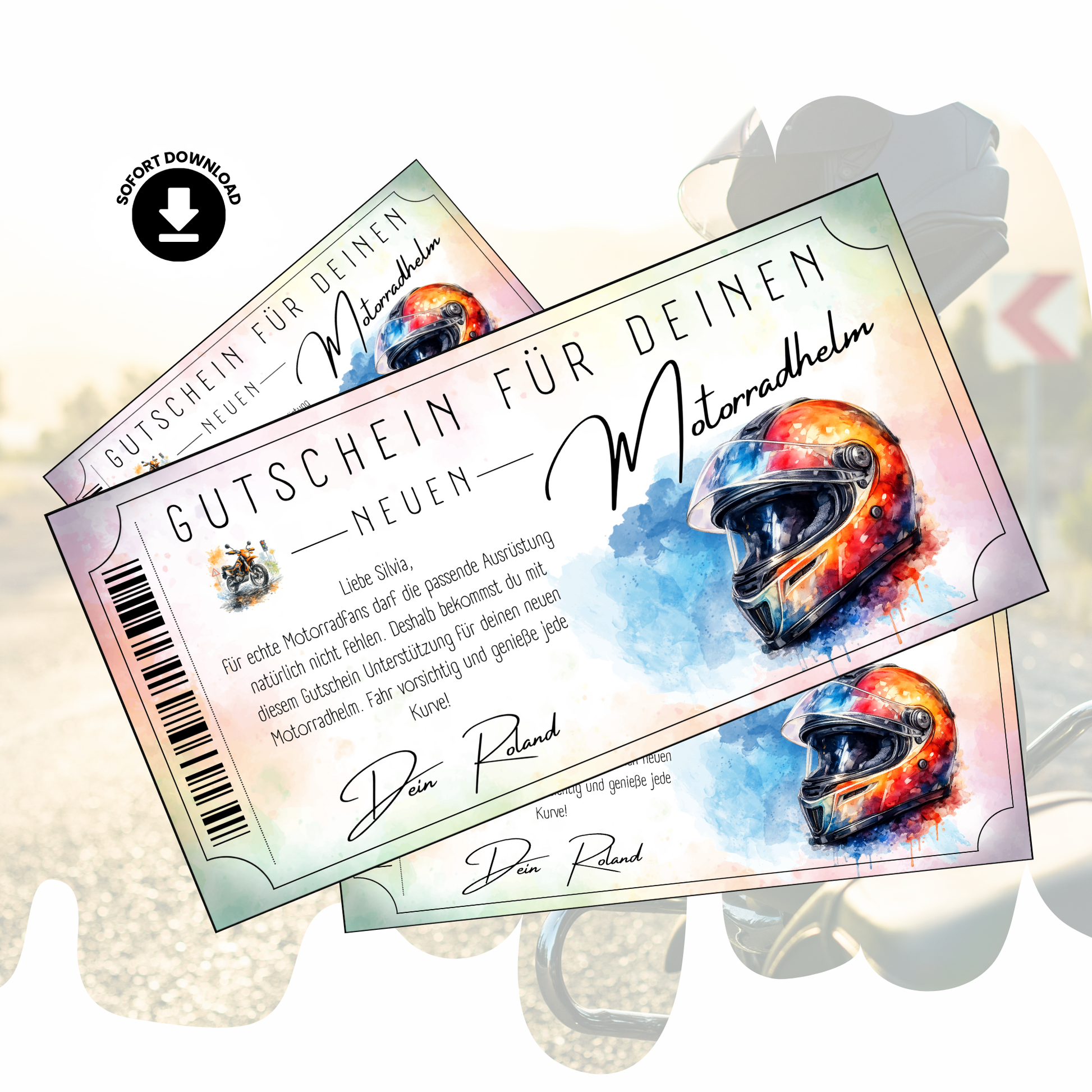 Motorradhelm Gutschein rot-oranger Aquarell-Helm digital selbst personalisieren