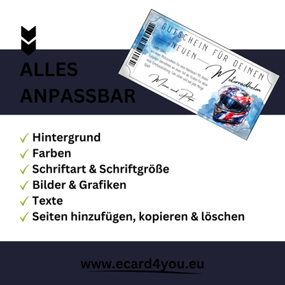 Motorradhelm Gutschein Speed Biker Racing Aquarell blau digital ausdrucken versenden