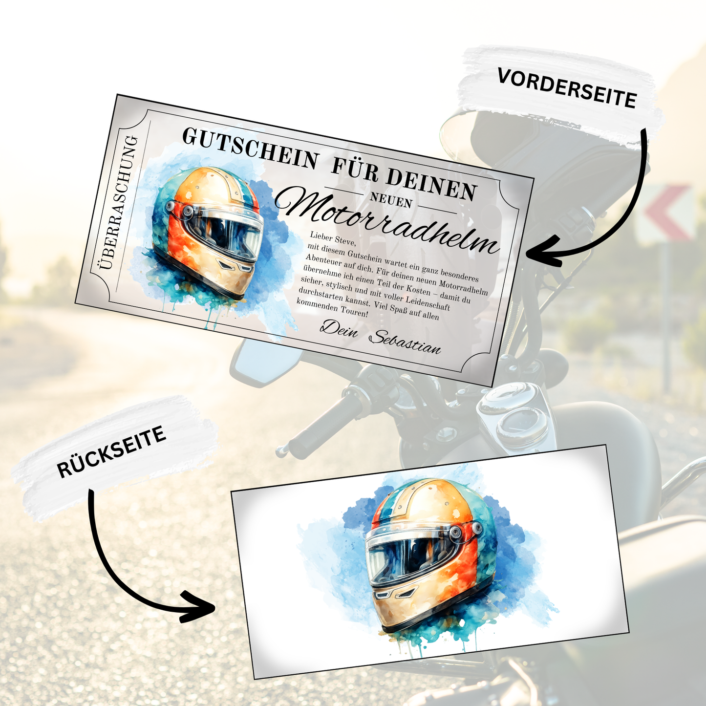 Motorradhelm Gutschein Vorlage digital sofort Download zum Ausdrucken