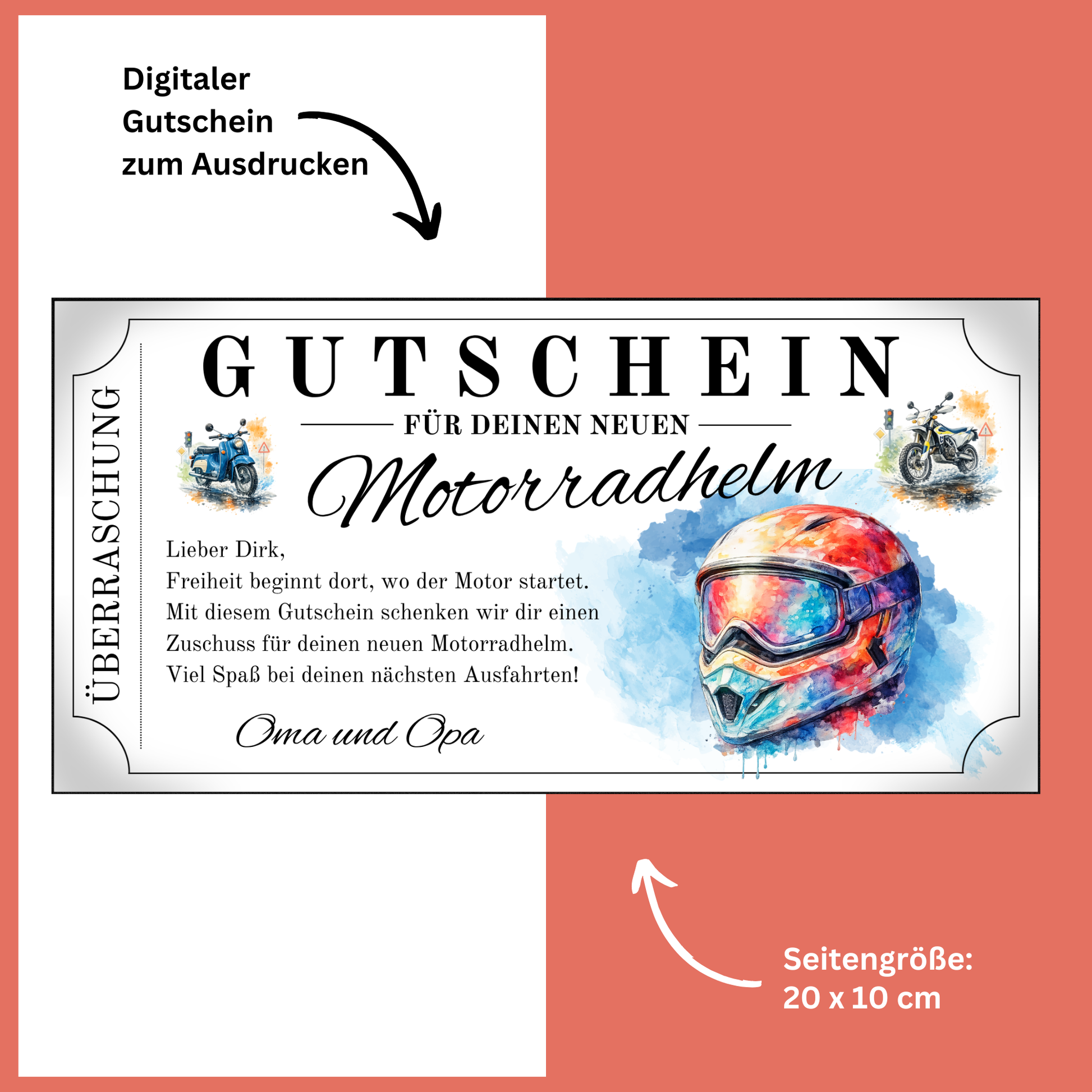 Motorradhelm Gutschein MX Aquarell digital zu Weihnachten sofort Download personalisieren